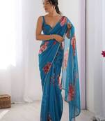 Teal silk blend printed saree