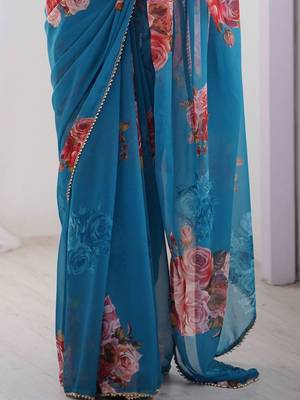 Teal silk blend printed saree 4