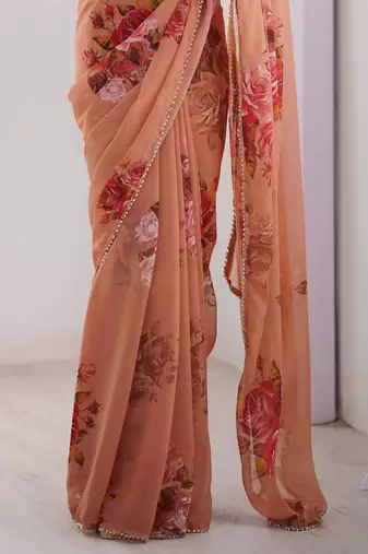 Peach silk blend printed saree