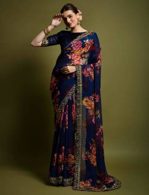 Navy blue georgette printed saree 1