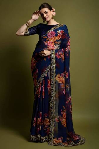 Navy blue georgette printed saree