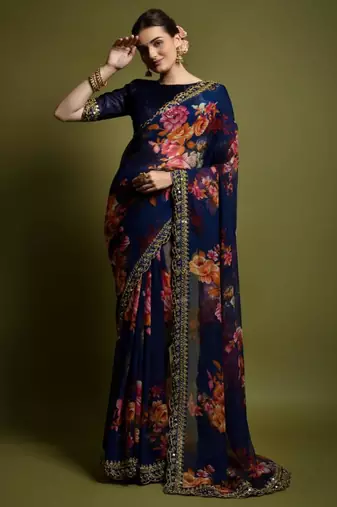 Navy blue georgette printed saree