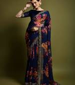 Navy blue georgette printed saree