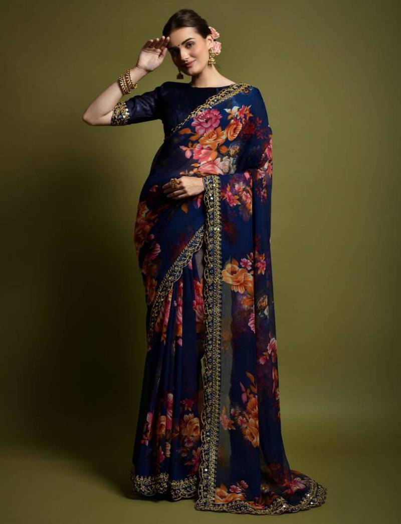 Navy blue georgette printed saree