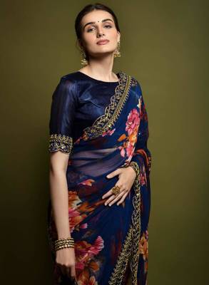Navy blue georgette printed saree 2
