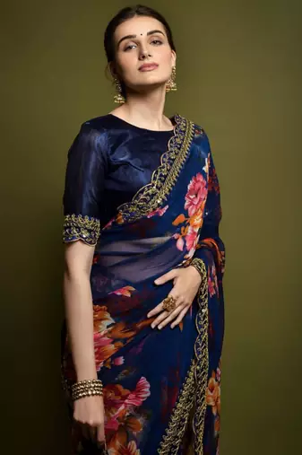 Navy blue georgette printed saree