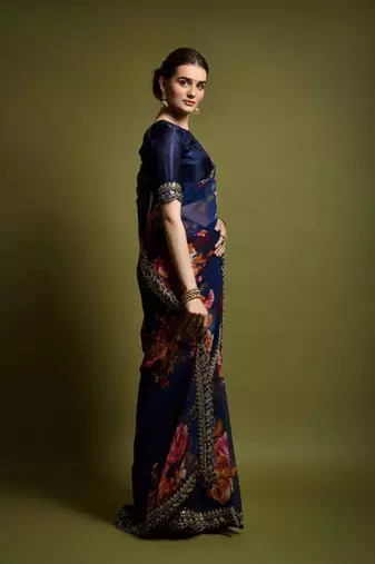 Navy blue georgette printed saree