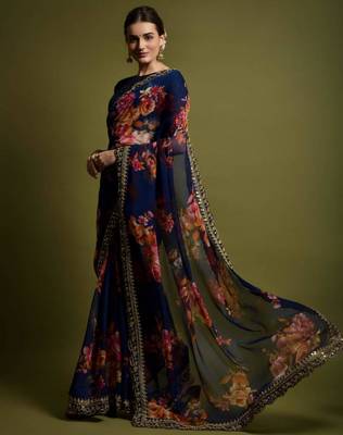 Navy blue georgette printed saree 4