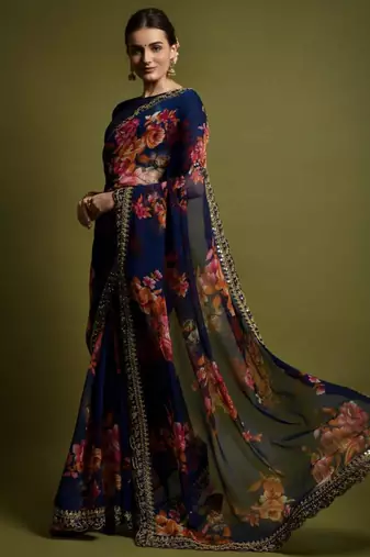 Navy blue georgette printed saree