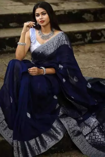 Navy blue art silk woven