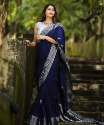 Navy blue art silk woven 3