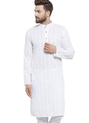 White chikankari cotton embroidery men kurta 5