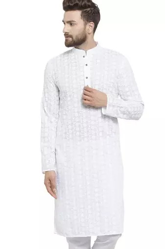 White chikankari cotton embroidery men kurta