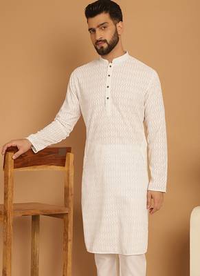 White chikankari cotton embroidery men kurta 5