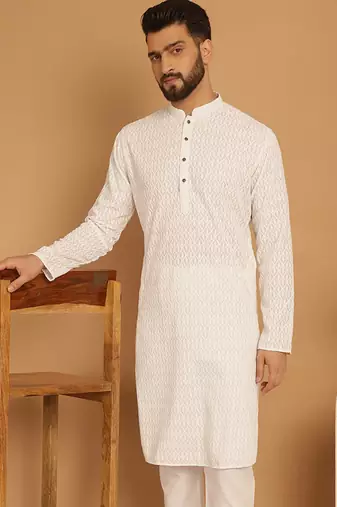 White chikankari cotton embroidery men kurta