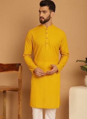 Yellow chikankari cotton embroidery men kurta 5