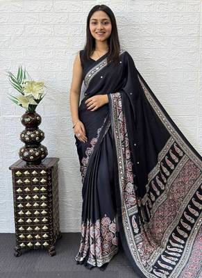 Black Color Mirror Work  Satin Saree 1