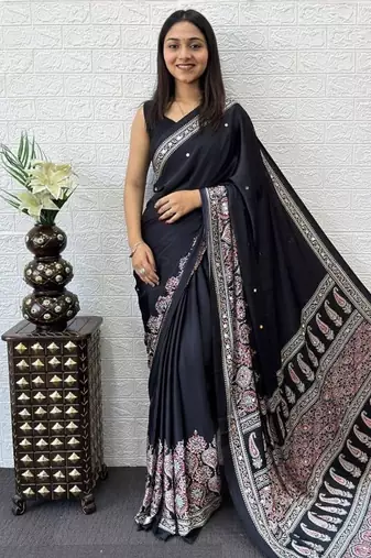 Black Color Mirror Work  Satin Saree