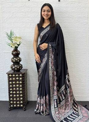 Black Color Mirror Work  Satin Saree 2