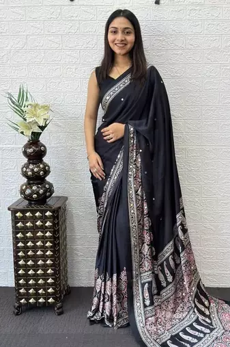 Black Color Mirror Work  Satin Saree