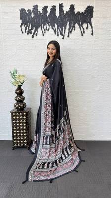 Black Color Mirror Work  Satin Saree 3