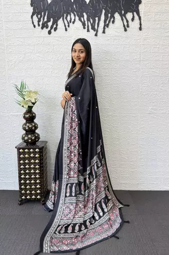 Black Color Mirror Work  Satin Saree