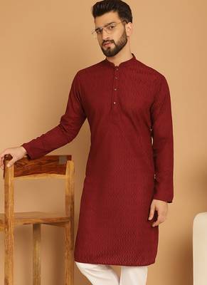Maroon chikankari cotton embroidery men kurta 5