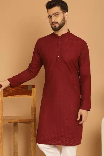 Maroon chikankari cotton embroidery men kurta