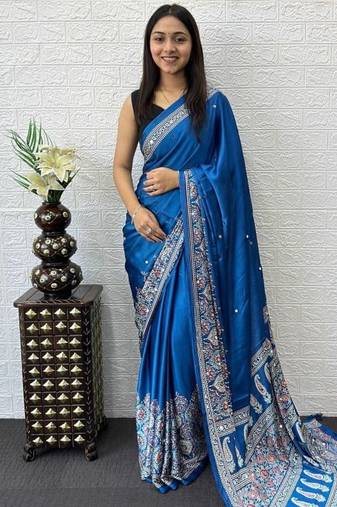 Blue Color Mirror Work  Satin Saree