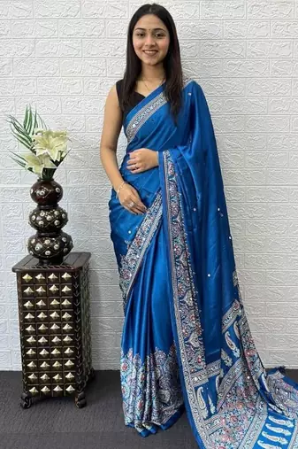 Blue Color Mirror Work  Satin Saree