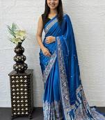 Blue Color Mirror Work  Satin Saree