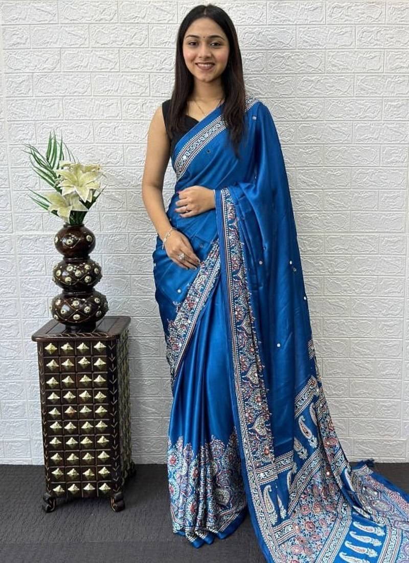 Blue Color Mirror Work  Satin Saree