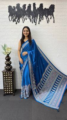 Blue Color Mirror Work  Satin Saree 2