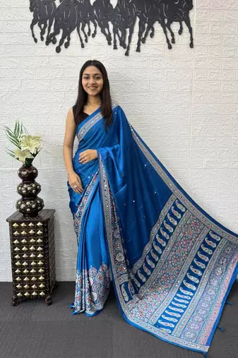 Blue Color Mirror Work  Satin Saree
