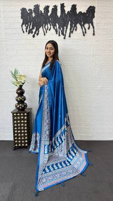 Blue Color Mirror Work  Satin Saree 3