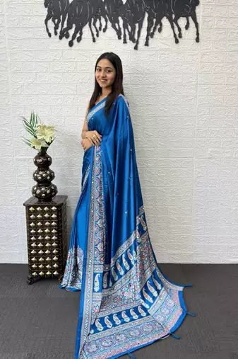Blue Color Mirror Work  Satin Saree