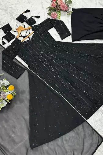 Black fuax blooming party wear embroidery  suit set