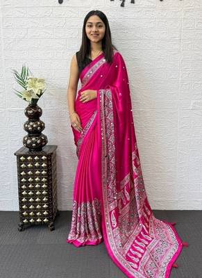 Pink Color Mirror Work  Satin Saree 1