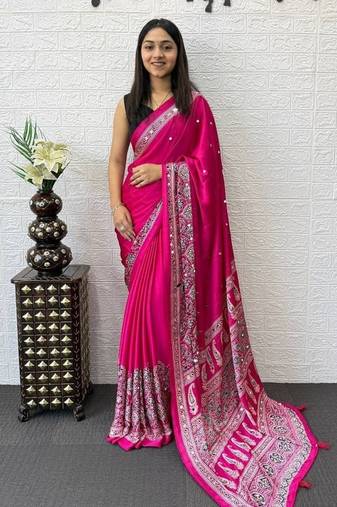 Pink Color Mirror Work  Satin Saree