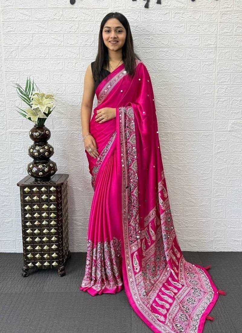 Pink Color Mirror Work  Satin Saree