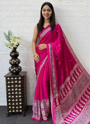 Pink Color Mirror Work  Satin Saree 2