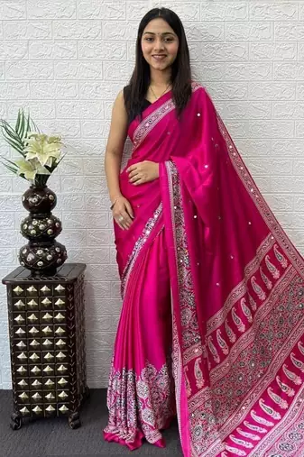 Pink Color Mirror Work  Satin Saree