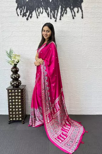Pink Color Mirror Work  Satin Saree