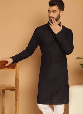 Black chikankari cotton embroidery men kurta 5