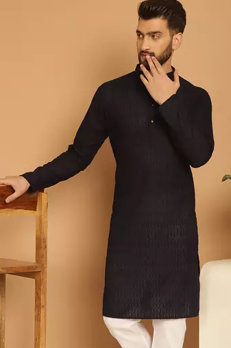 Black chikankari cotton embroidery men kurta