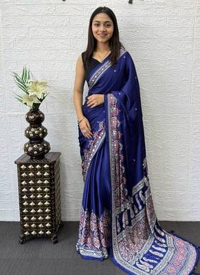 Purple Color Mirror Work  Satin Saree 1