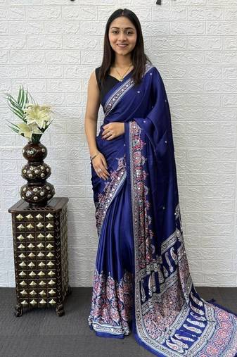 Purple Color Mirror Work  Satin Saree