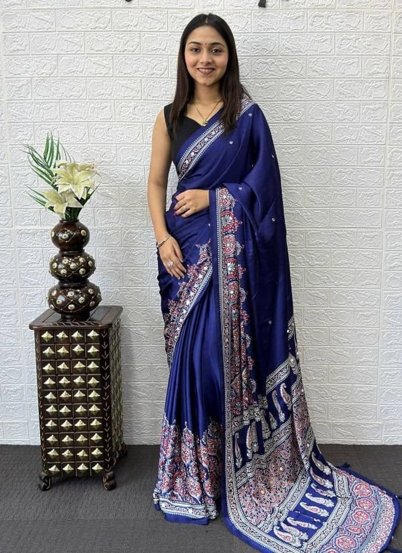 Purple Color Mirror Work  Satin Saree
