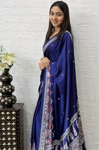 Purple Color Mirror Work  Satin Saree