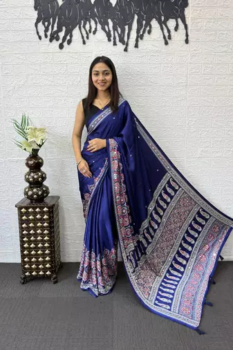 Purple Color Mirror Work  Satin Saree